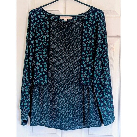 LOFT Tops - Loft Green and Navy Layered Look Long Sleeve Blouse Size Med